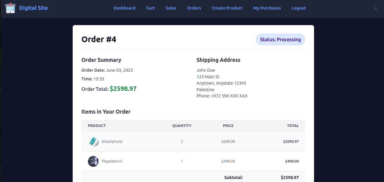Order details screen