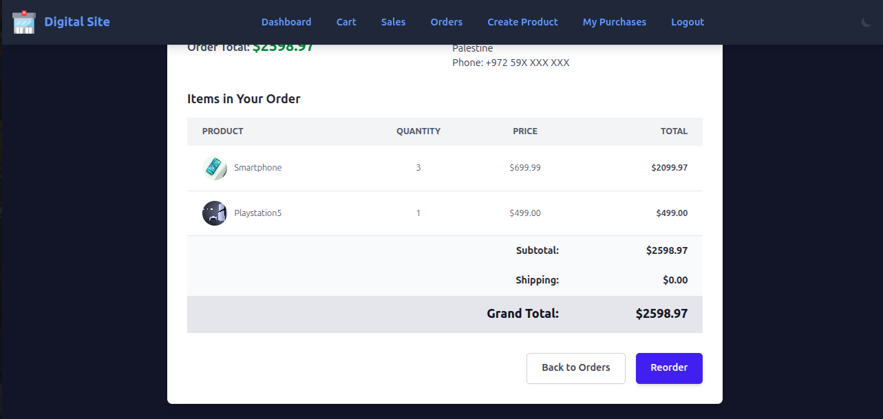 Order details screen in dark mode