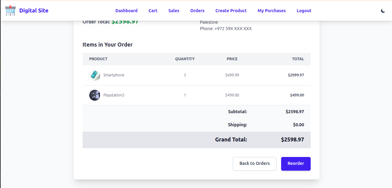 Order details screen in light mode