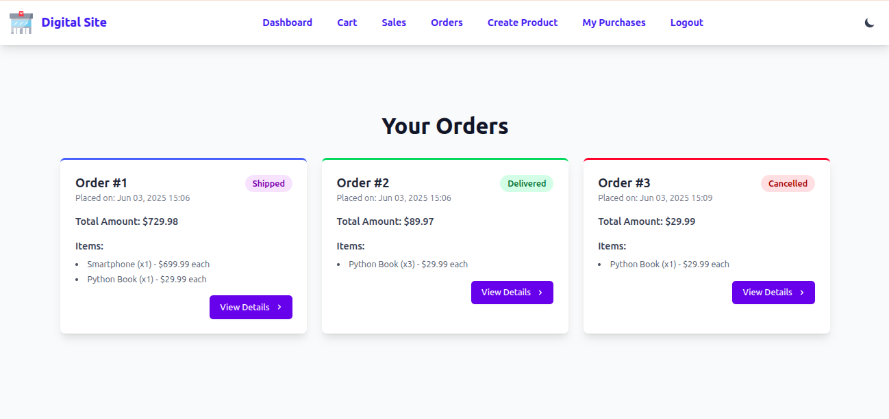 Orders list page